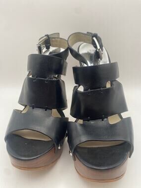 Michael Kors Black Leather Platform Stiletto Sandals Wood Heel Women's 8.5M